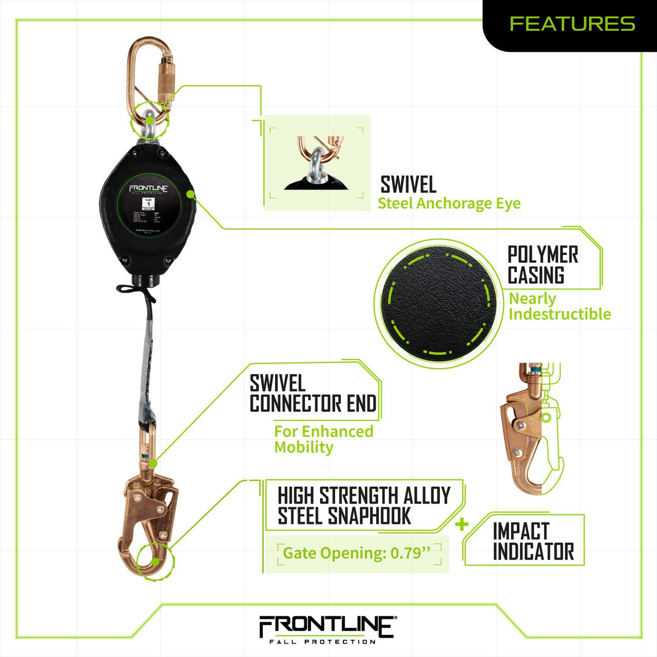 Frontline RPW 11' Web Single Leg SRL with Steel Snap Hook End - Fire Protection Parts