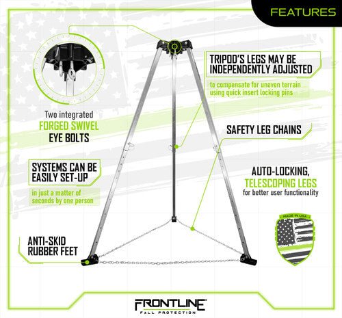 Frontline TAN07 - US Patriot 7' Confined Space Aluminum Tripod - Made in USA - Fire Protection Parts