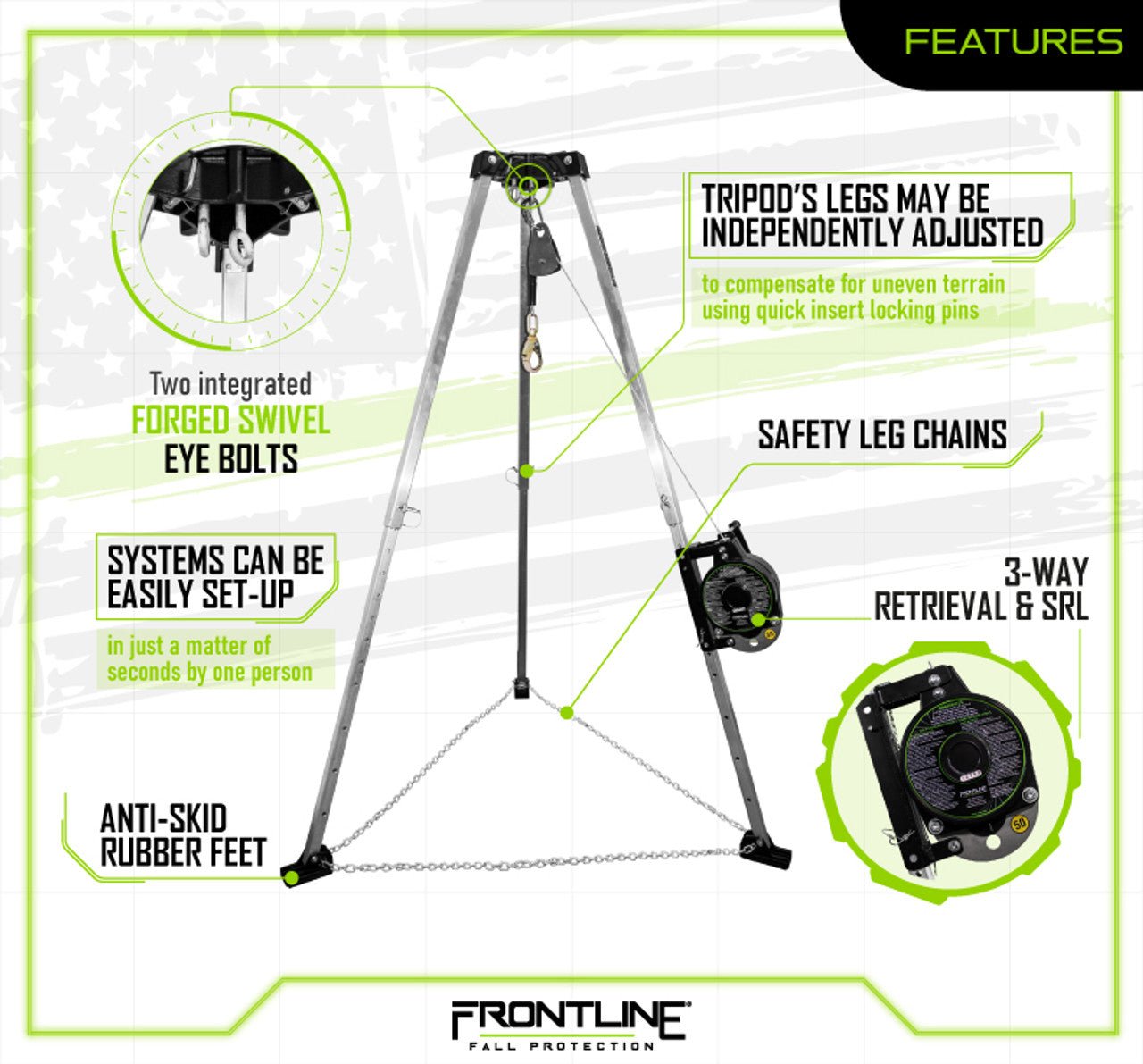 Frontline TAN07RA - US Patriot 7' Confined Space Tripod with 3 - Way Retrieval System - Made in USA - Fire Protection Parts