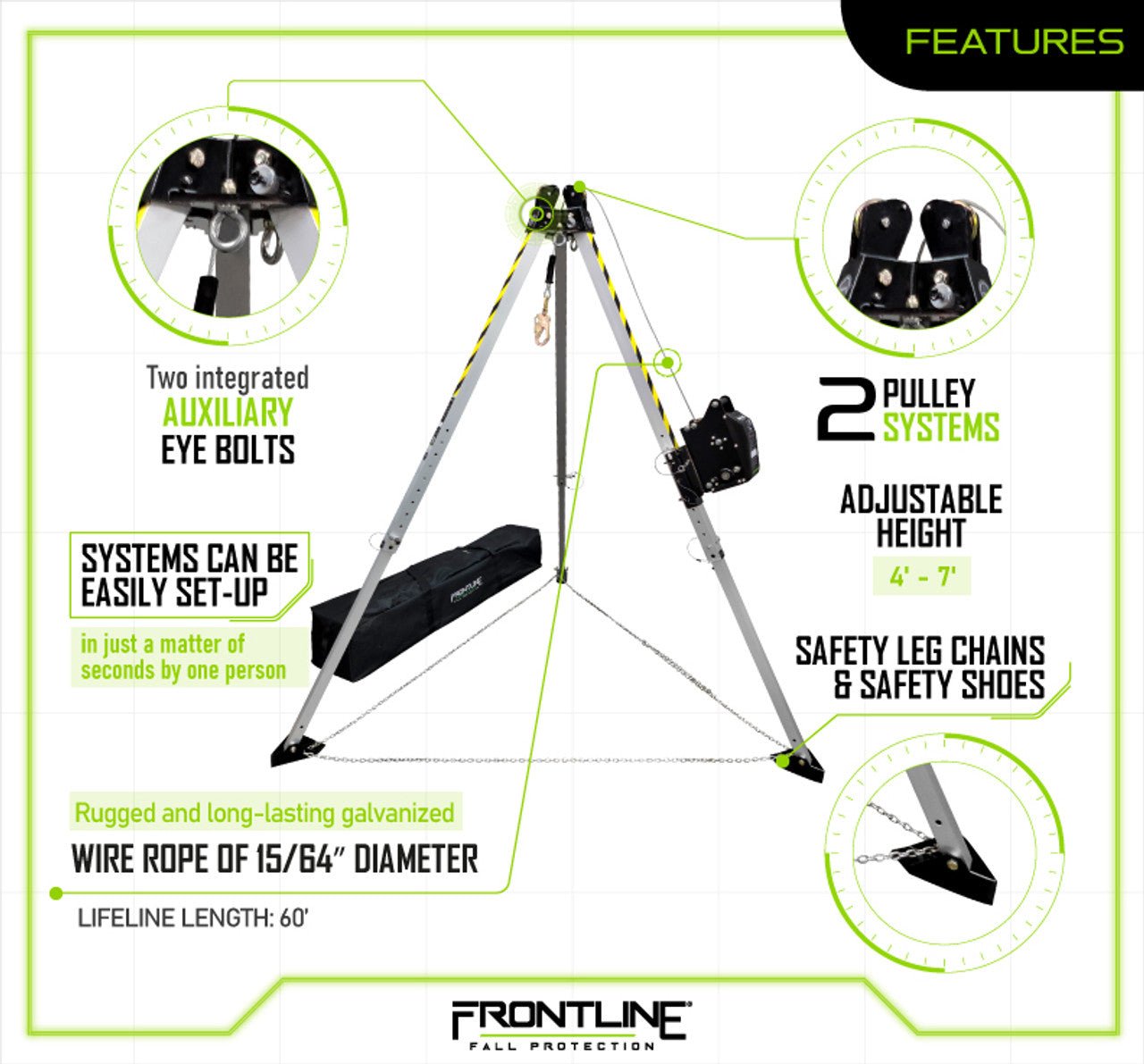 Frontline TAN07RU MEGApod Confined Space Kit 7' Aluminum Tripod with 60' Winch - Fire Protection Parts