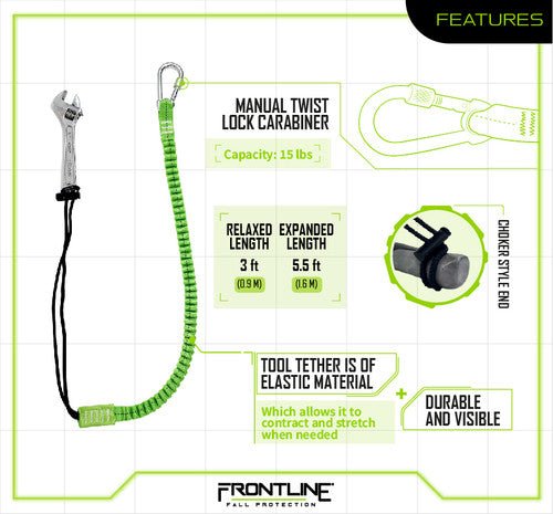 Frontline TLS15 ToolGrip Elastic Tool Tether 15 lbs with Steel Turn Lock Carabiner - Fire Protection Parts