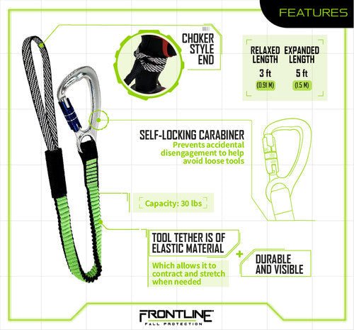 Frontline TLS30 ToolGrip Elastic Tool Tether 30 lbs with Self - locking Aluminum Carabiner - Fire Protection Parts