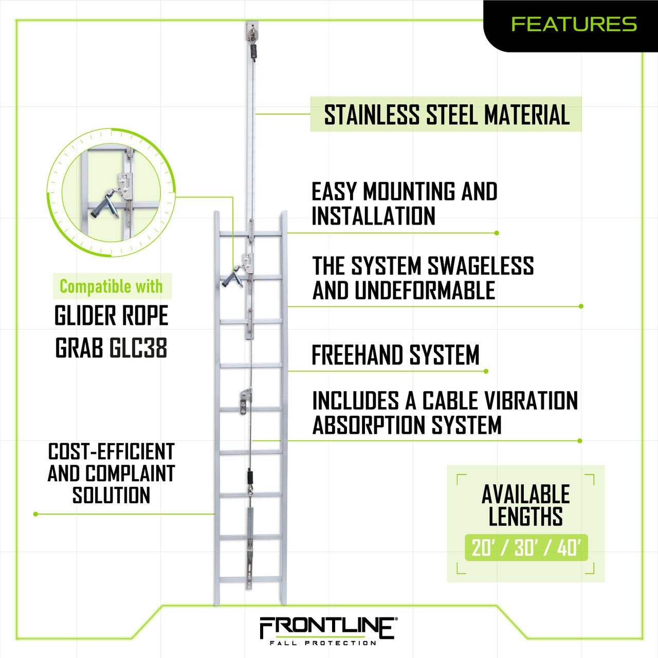 Frontline VLCS Ladder Cable Vertical Lifeline System (Stainless Steel) 30' - Fire Protection Parts