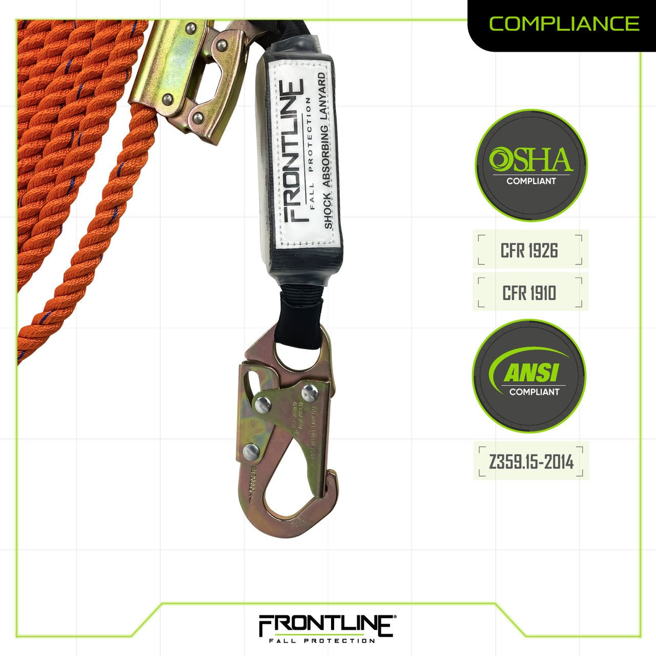 Frontline VLPR3L Premium Vertical Lifeline with Openable Rope Grab and Shock Pack 100' - Fire Protection Parts