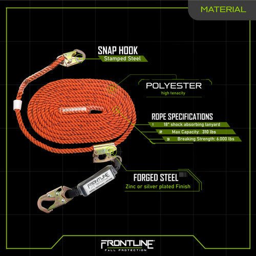 Frontline VLPR3L Premium Vertical Lifeline with Openable Rope Grab and Shock Pack 50' - Fire Protection Parts