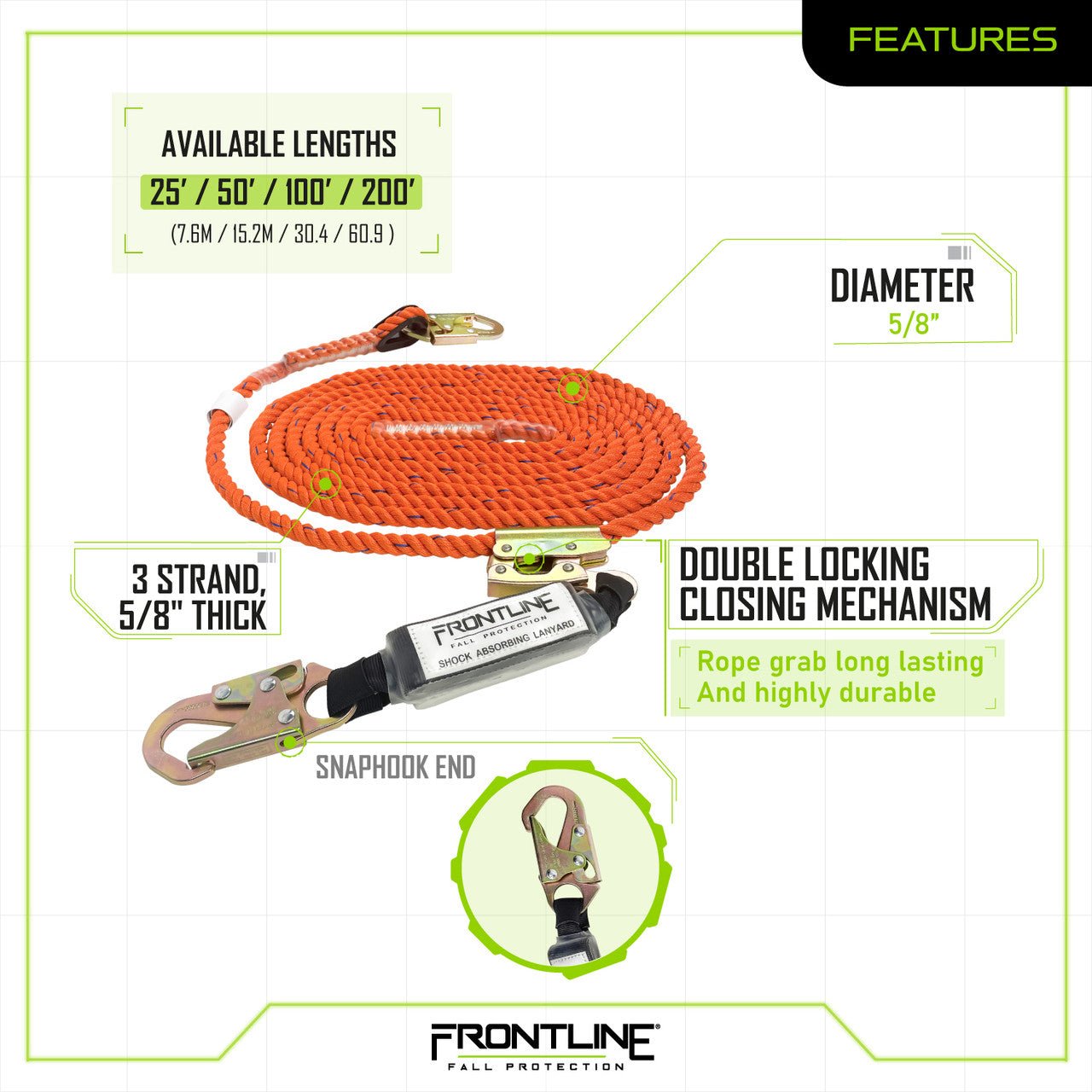Frontline VLPR3L Premium Vertical Lifeline with Openable Rope Grab and Shock Pack 50' - Fire Protection Parts