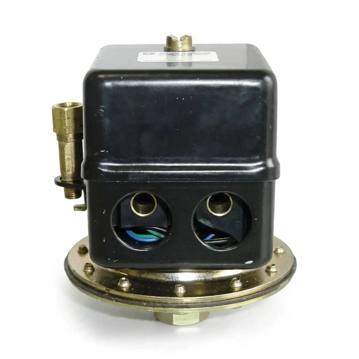 A black metal pneumatic solenoid valve with brass fittings and a flanged base, shown on a white background.