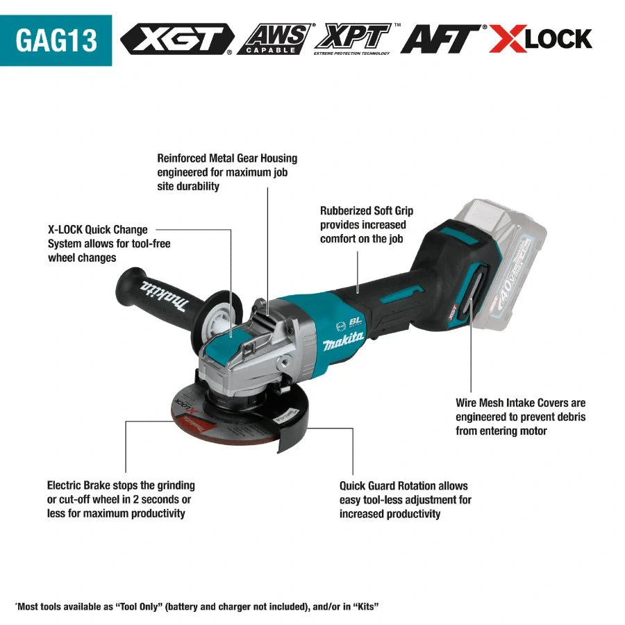 Makita GAG13M1 40V max XGT® Brushless Cordless 4‑1/2" / 5" X‑LOCK Paddle Switch Angle Grinder Kit, with Electric Brake (4.0Ah) - Fire Protection Parts