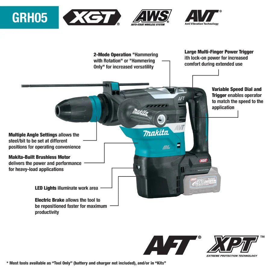 Makita GRH05M1 40V max XGT® Brushless 1‑9/16" SDS‑MAX AVT® Rotary Hammer Kit, AFT®, AWS® Capable (4.0Ah) - Fire Protection Parts