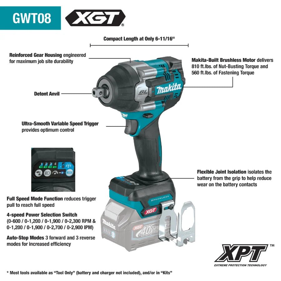 Makita GWT08Z 40V max XGT® Brushless Cordless 4‑Speed Mid‑Torque 1/2" Sq. Drive Impact Wrench w/ Detent Anvil, Tool Only - Fire Protection Parts