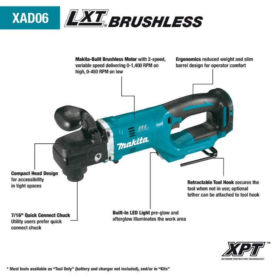 Makita XAD06Z 18V LXT Lithium - Ion Brushless Cordless 7/16" Hex Right Angle Drill - Fire Protection Parts