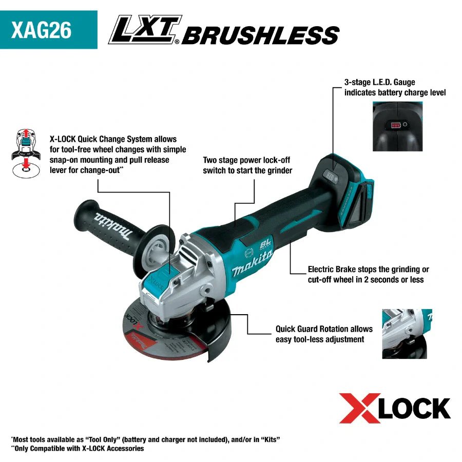 Makita XAG26Z 18V LXT Lithium - Ion Brushless Cordless 4 - 1/2 / 5" Paddle Switch X - LOCK Angle Grinder - Fire Protection Parts