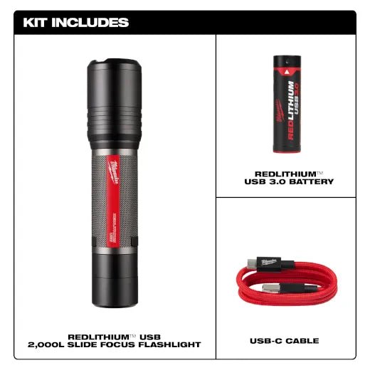 Milwaukee 2162 - 21 REDLITHIUM USB 2,000L Slide Focus Flashlight - Fire Protection Parts