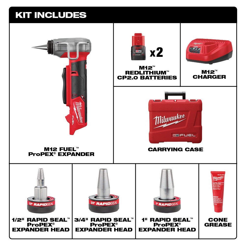 Milwaukee 2532 - 22 M12 FUEL™ ProPEX® Expander Kit w/ 1/2" - 1" RAPID SEAL™ ProPEX® Expander Heads - Fire Protection Parts