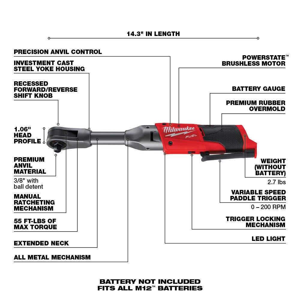 Milwaukee 2560 - 20 M12 FUEL™ 3/8 in. Extended Reach Ratchet - Fire Protection Parts