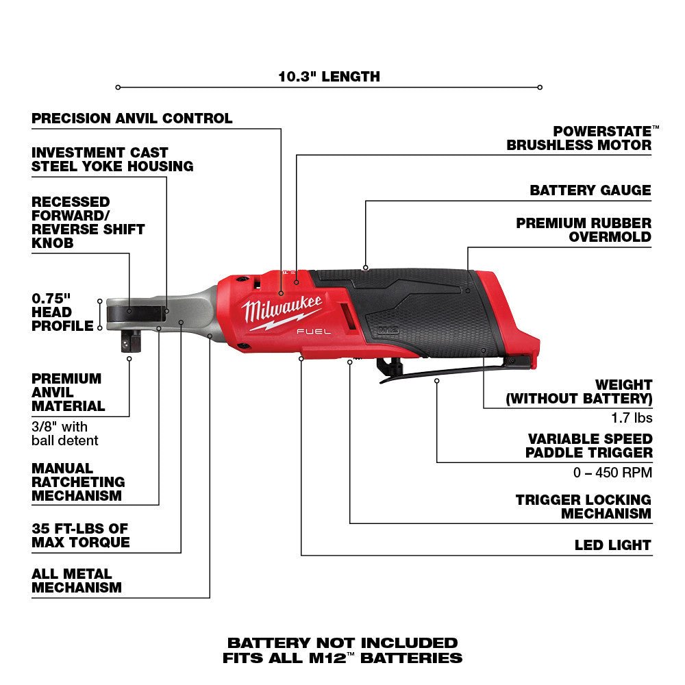 Milwaukee 2567 - 20 M12 FUEL™ 3/8" High Speed Ratchet (Tool Only) - Fire Protection Parts
