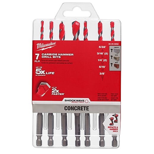Milwaukee 48 - 20 - 9052 7pc. SHOCKWAVE™ Carbide Hammer Drill Bit Kit - Fire Protection Parts