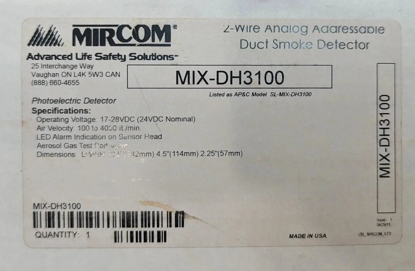 Mircom MIX-DH3100 Intelligent Addressable Duct Detector by Fredland Supply Company