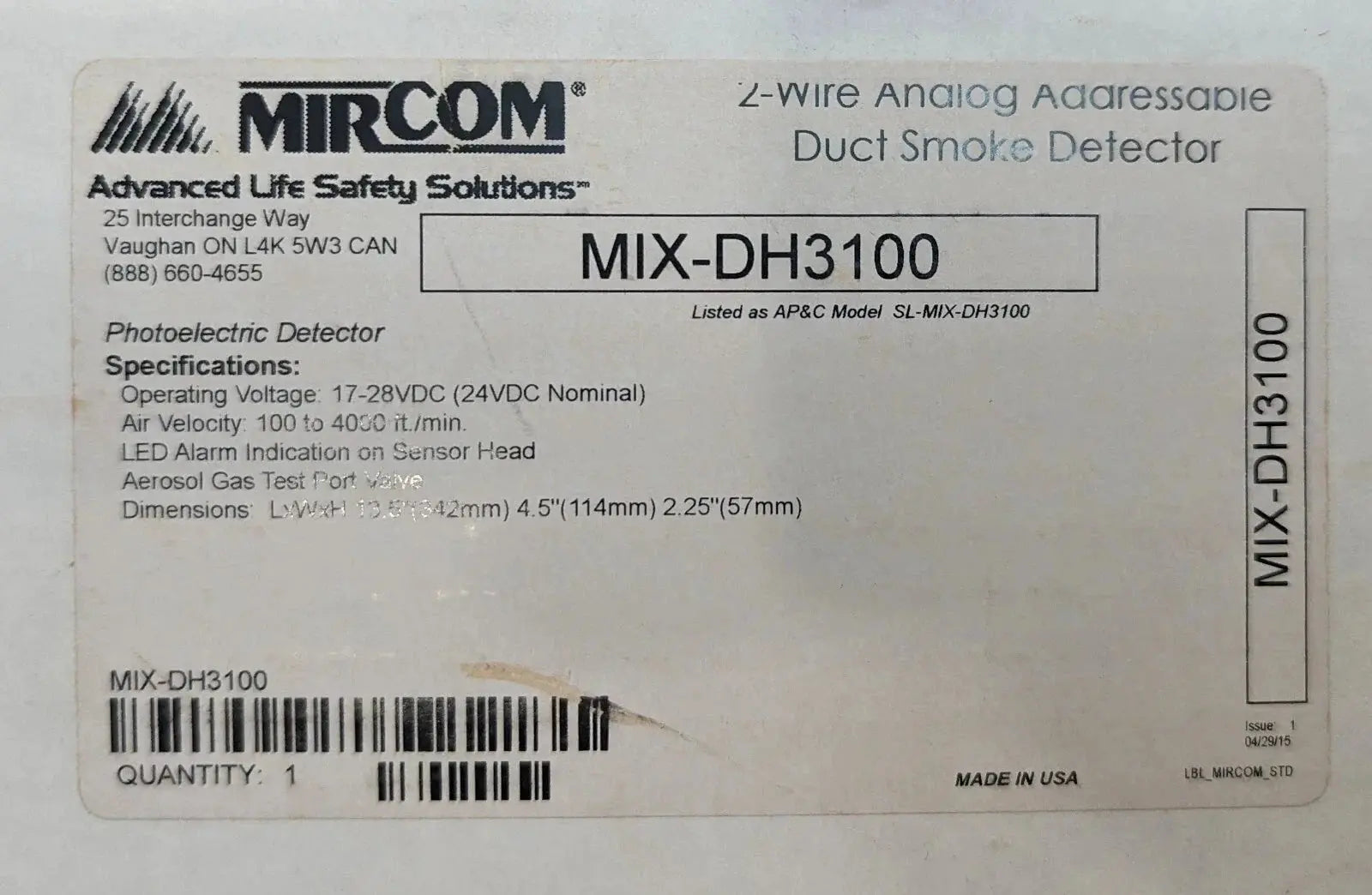 Mircom MIX-DH3100 Intelligent Addressable Duct Detector by Fredland Supply Company
