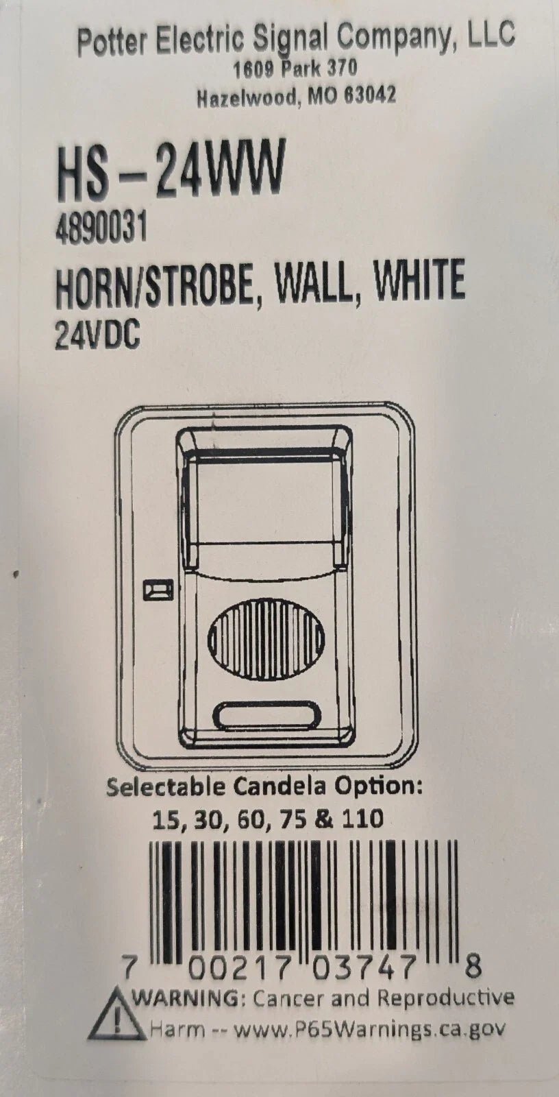 Potter HS - 24WW Selectable Candela Wall Mount Horn Strobe - Fire Protection Parts