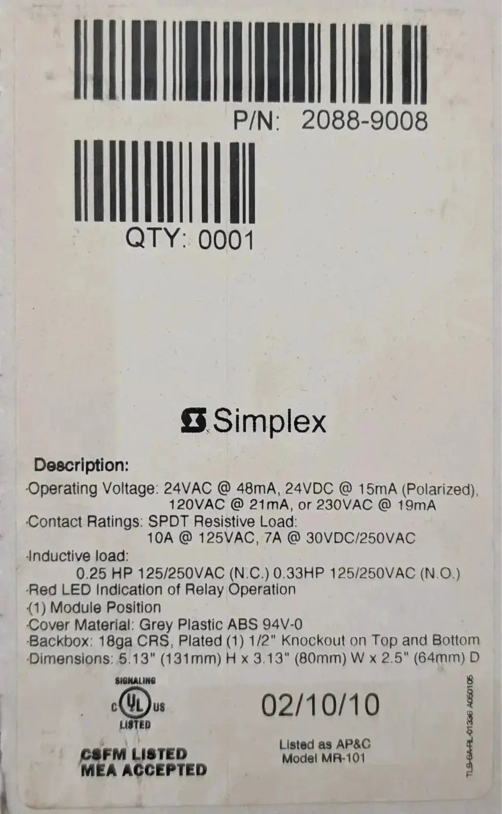 Simplex 2088-9008 Fire Alarm Control Relay by Fredland Supply Company