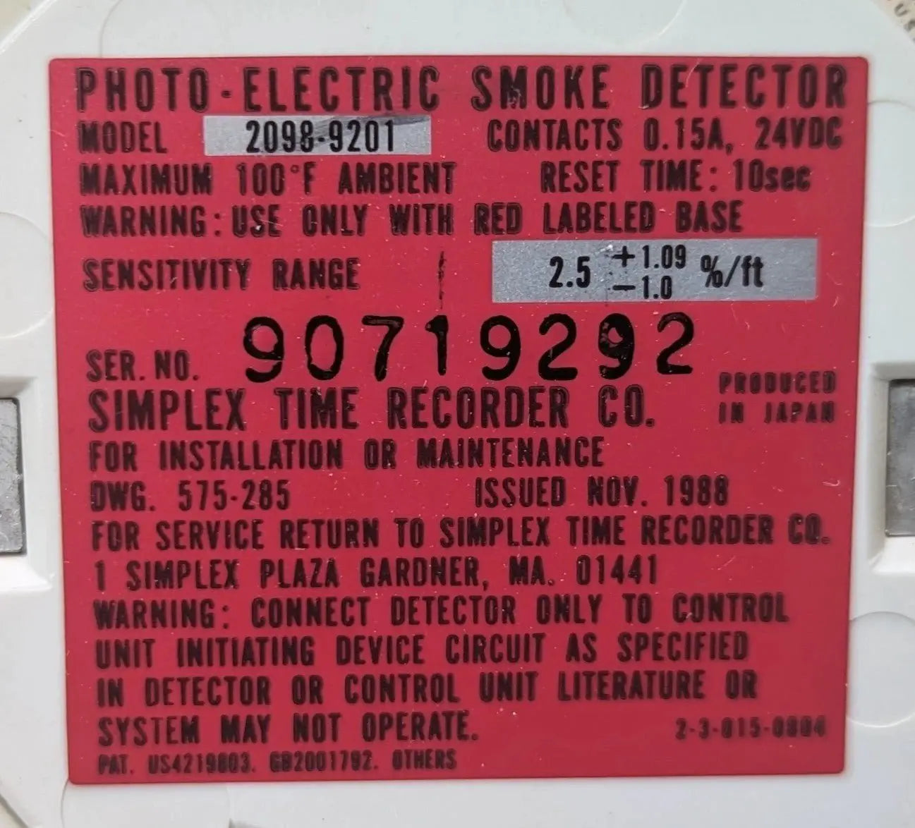 Simplex 2098-9201 Smoke Detector - (USED) by Fredland Supply Company