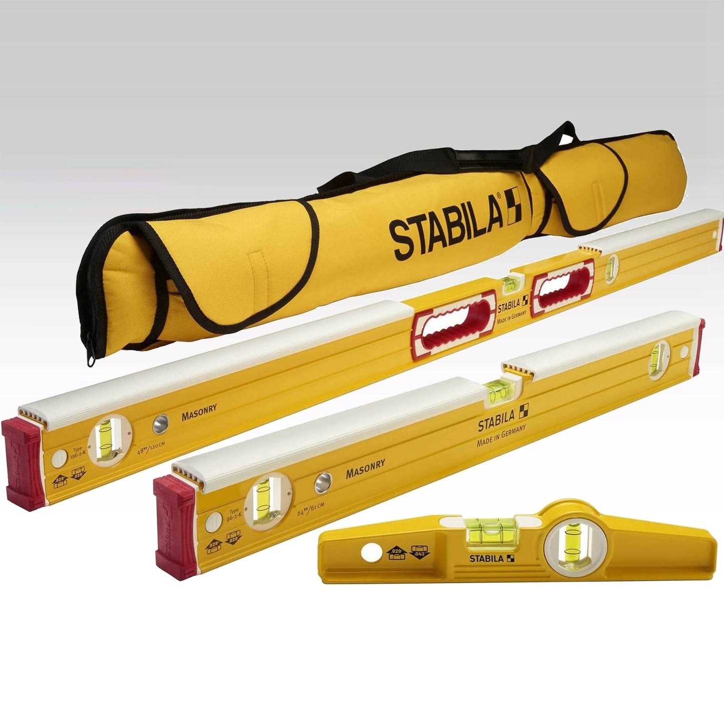 Stabila 48296 Mason 3 Spirit Level Set - 24 inch 48 inch 10 inch Torpedo and Case - Fire Protection Parts