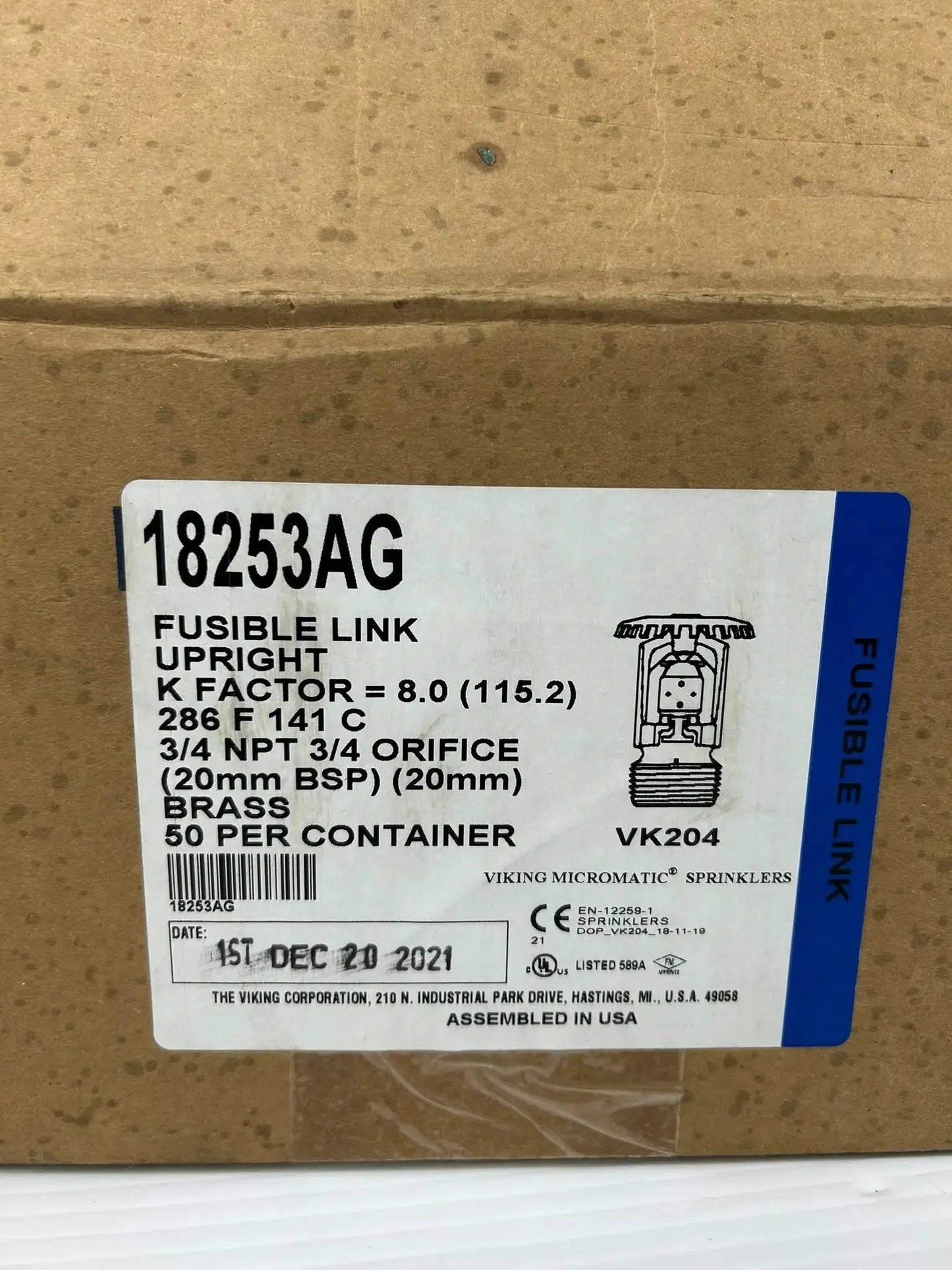 Viking VK204 XT1 Upright Brass Sprinkler 8.0K 286°F 3/4 Inch NPT  Fire Protection Parts Fire Protection Parts Viking VK204 XT1 Upright Brass Sprinkler 8K 286°F NPT
