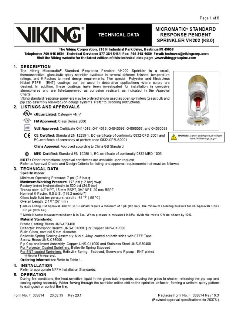 VK202 K8.0 STANDARD RESPONSE PENDENT WHITE 360 3/4" by Viking